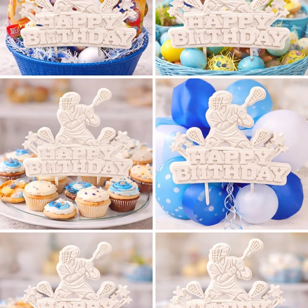 Happy Birthday Lacrosse Cake Topper - White